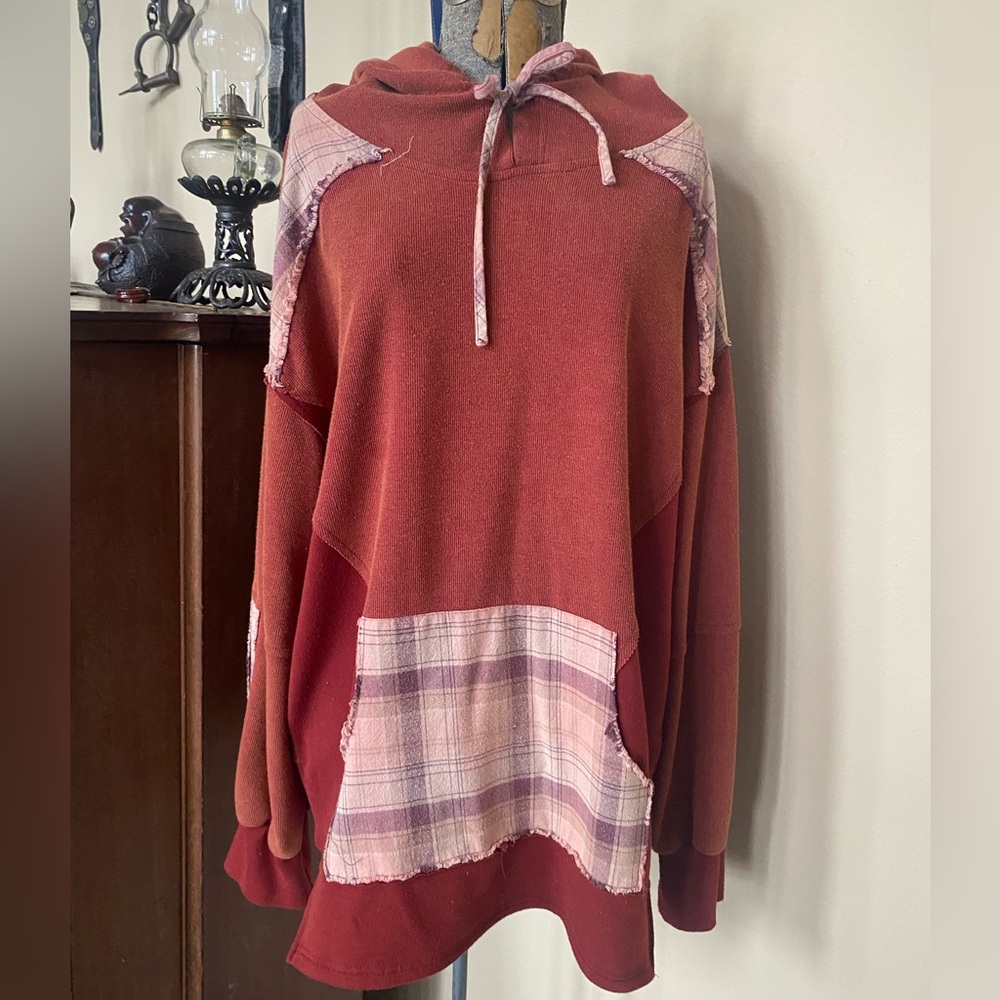 Pol Oversized Maroon Plaid Patchwork Distressed H… - image 1